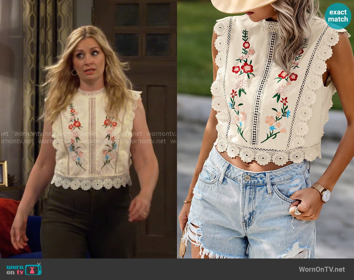 Shein Lune Flower Embroidered Top in Khaki worn by Gemma (Beth Behrs) on The Neighborhood