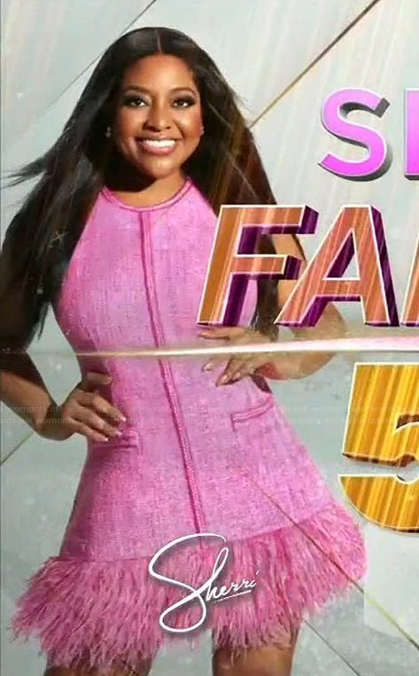 Sherri’s pink tweed feather trim dress on Sherri