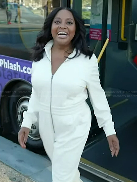 Sherri’s white zip front jumpsuit on Sherri