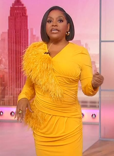 Sherri’s yellow feather trim dress on Sherri
