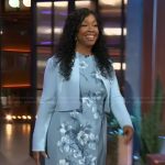 Shonda Rhimes’s blue floral print dress and jacket on The Kelly Clarkson Show