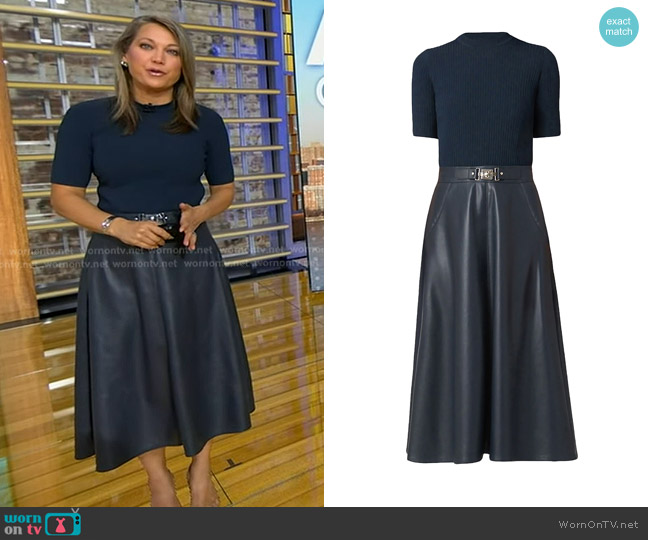 Shoshanna Angela Mixed-Media Faux-Leather Midi-Dress in Navy worn by Ginger Zee on Good Morning America