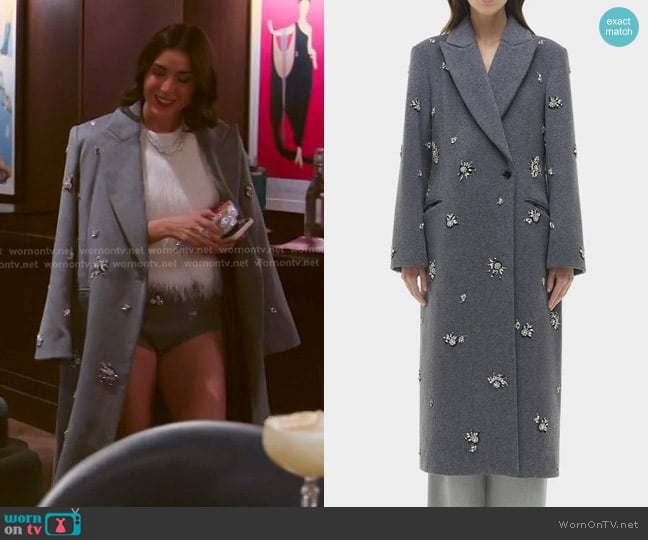 Simkhai Gianni Embellished Coat in Heather Grey worn by Bronwyn Newport on The Real Housewives of Salt Lake City
