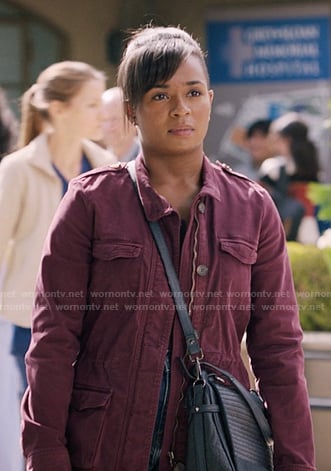 Simone’s burgundy utility jacket on Greys Anatomy