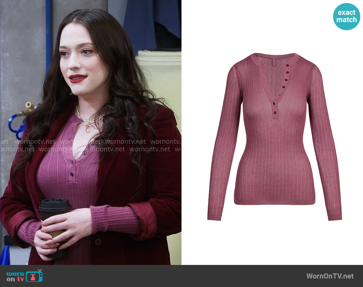 Skims Sheer Knit Long Sleeve Henley in Beet worn by Riley (Kat Dennings) on Shifting Gears