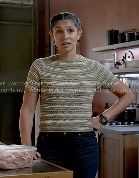 Stella’s green striped knit top on Chicago Fire