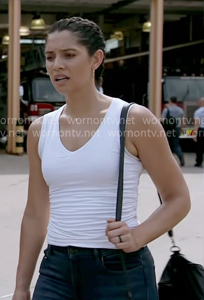 Stella’s white v-neck tank top on Chicago Fire