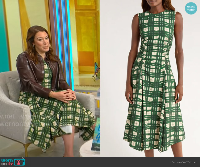 Stine Goya Check Ruched Sleeveless Midi Dress worn by Sarah Gelman on CBS Mornings