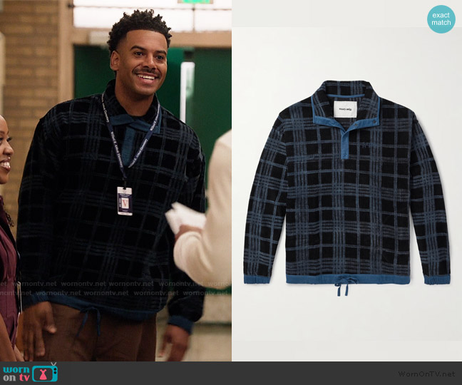 Story MFG. Polite Logo-Embroidered Checked Organic Cotton-Corduroy Sweatshirt worn by Tariq (Zack Fox) on Abbott Elementary