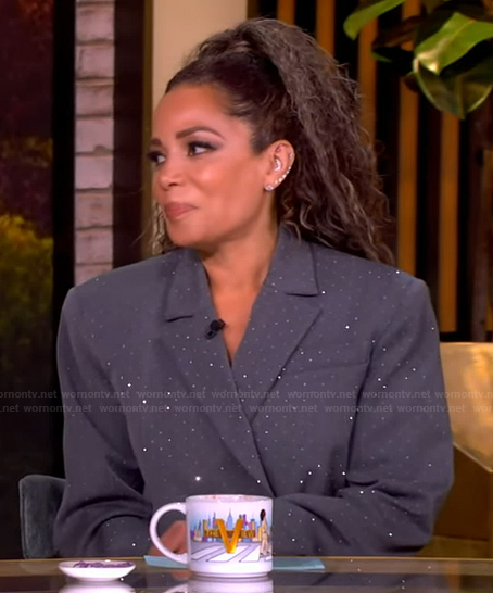 Sunny’s gray crystal embellished blazer dress on The View