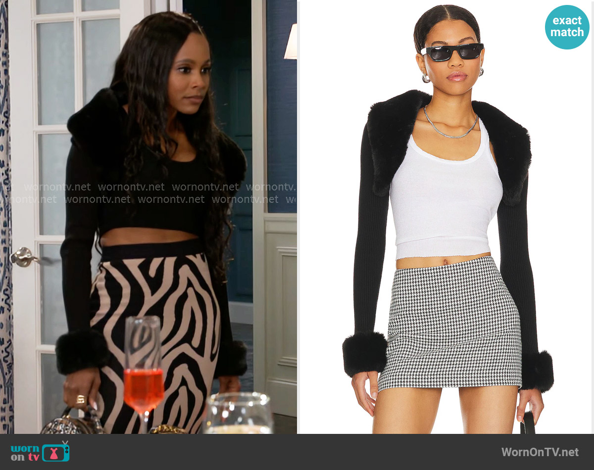 Superdown Amy Faux Fur Bolero worn by Hayley Lawson (Marquita Goings) on Beyond the Gates