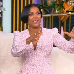 Tamron’s pink floral print mini dress on Tamron Hall Show