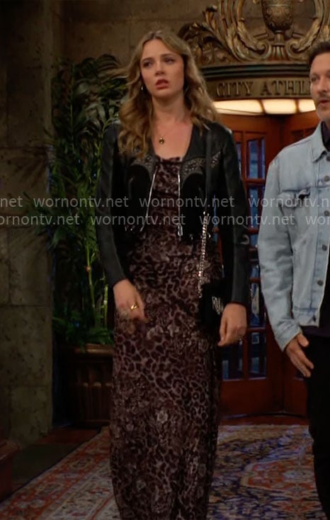 Tessa’s leopard print dress and leather jacket on The Young and the Restless