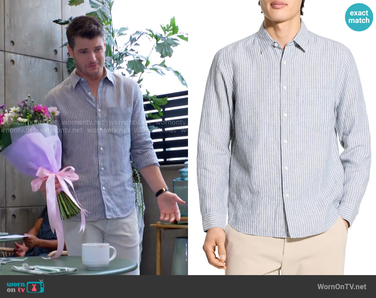 Theory Irving Shirt in Dark Rainstorm/ Eggshell worn by Kyle Abbott (Michael Mealor) on The Young and the Restless