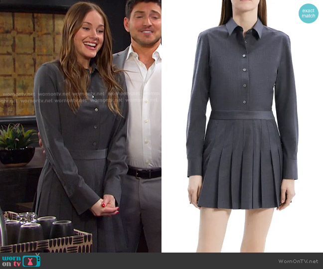Theory Long Sleeve Pleated Shirtdress in charcoal melange worn by Stephanie Johnson (Abigail Klein) on Days of our Lives