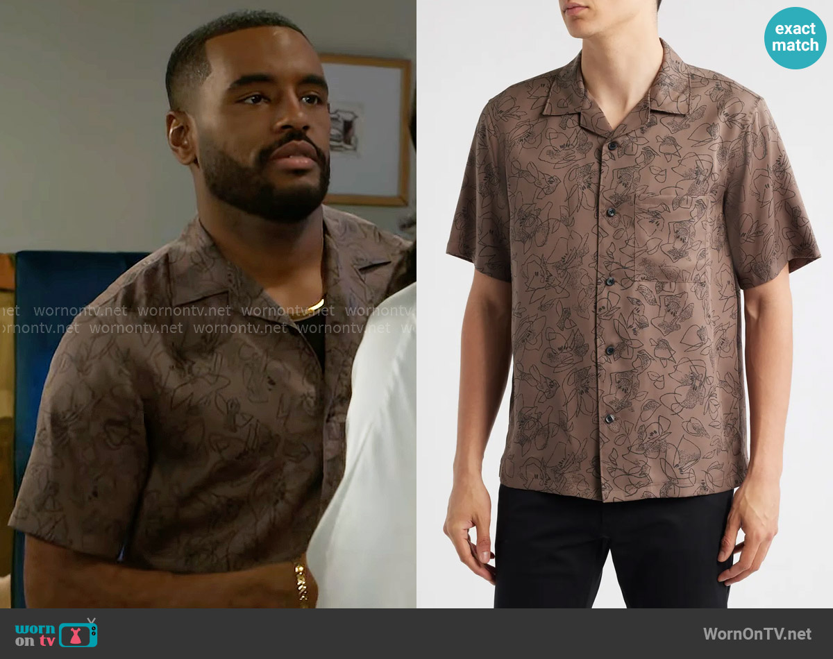 Theory Noll Floral Camp Shirt in Walnut worn by Andre Richardson (Sean Freeman) on Beyond the Gates
