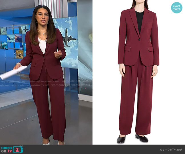 Theory Pleated Crêpe Casual Pants in Grenache worn by Morgan Radford on NBC News Daily