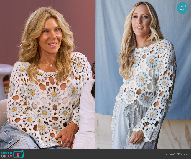 Three Bird Nest The Nest Free To Dream Crochet Top in Ivory worn by Peg Munson on The Golden Bachelor