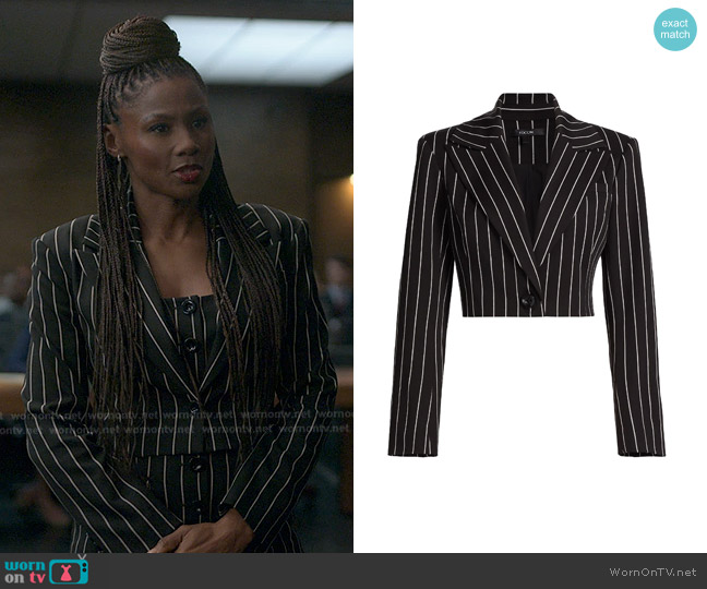 Toccin Faith Cropped Blazer in Jet Optic Pinstripe worn by Jax Stewart (Emayatzy Corinealdi) on Reasonable Doubt