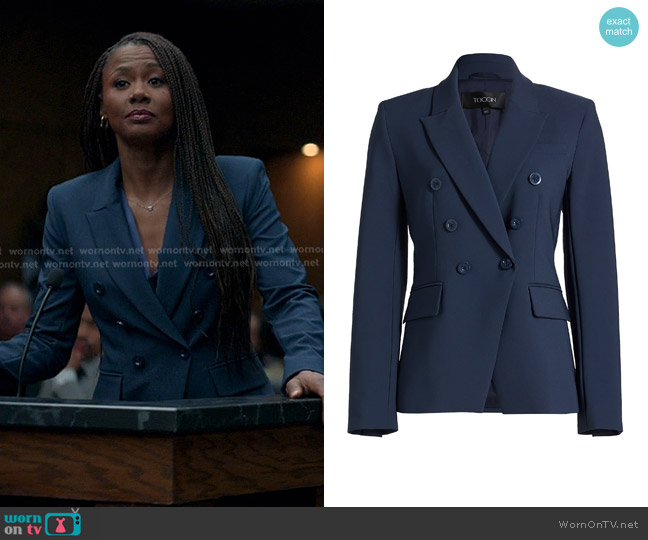 Toccin Kyle Double-Breasted Blazer in Navy worn by Jax Stewart (Emayatzy Corinealdi) on Reasonable Doubt