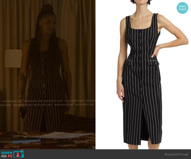 Toccin Raven Striped Sleeveless Midi-Dress in Jet Optic Pinstripe worn by Jax Stewart (Emayatzy Corinealdi) on Reasonable Doubt