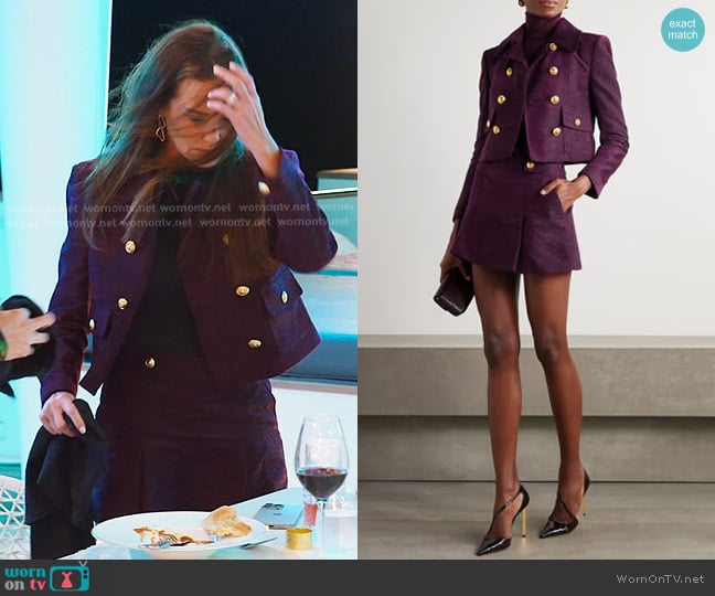 Tom Ford Double-Breasted Metallic Tweed Jacket in Purple worn by Meredith Marks on The Real Housewives of Salt Lake City