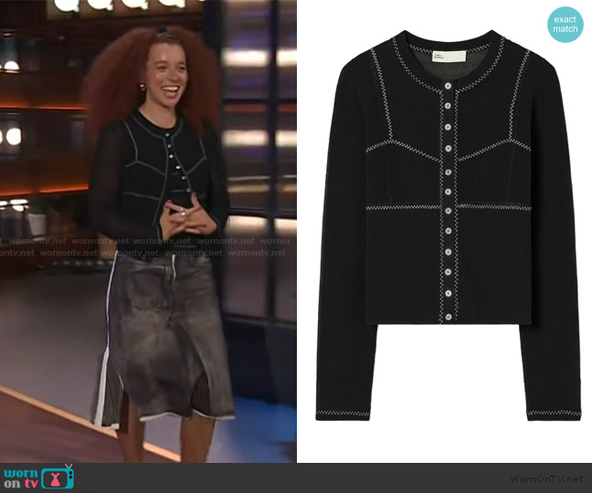 Tory Burch ribbed button-up cardigan worn by Erin Kellyman on The Kelly Clarkson Show
