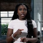 Trina’s leather skirt with pearl buttons on General Hospital