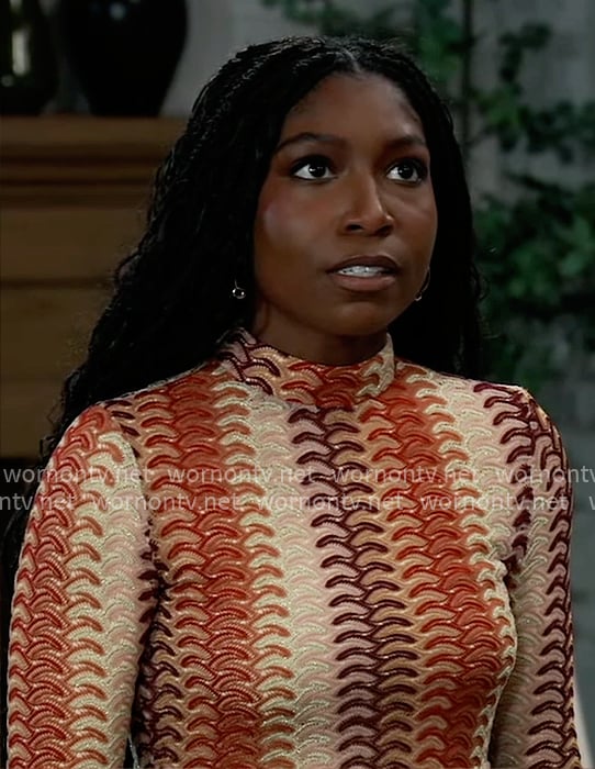 Trina’s orange patterned knit crop top on General Hospital