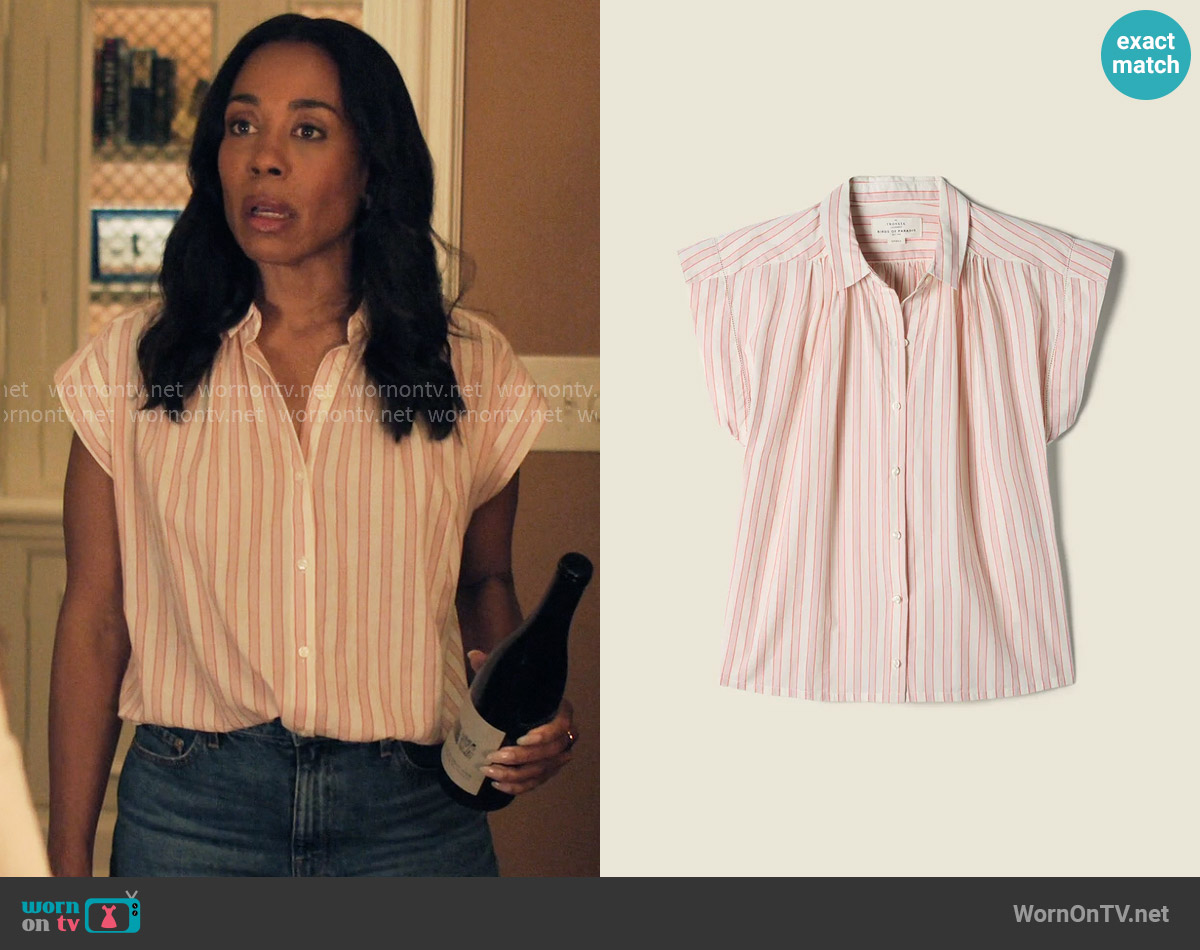 Trovata Della Shirt in Cameo Stripe worn by Mia Jordan (Karen Pittman) on The Morning Show