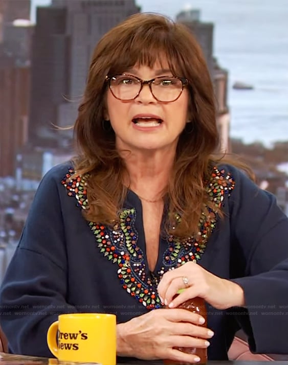 Valerie Bertinelli’s navy beaded blouse on The Drew Barrymore Show
