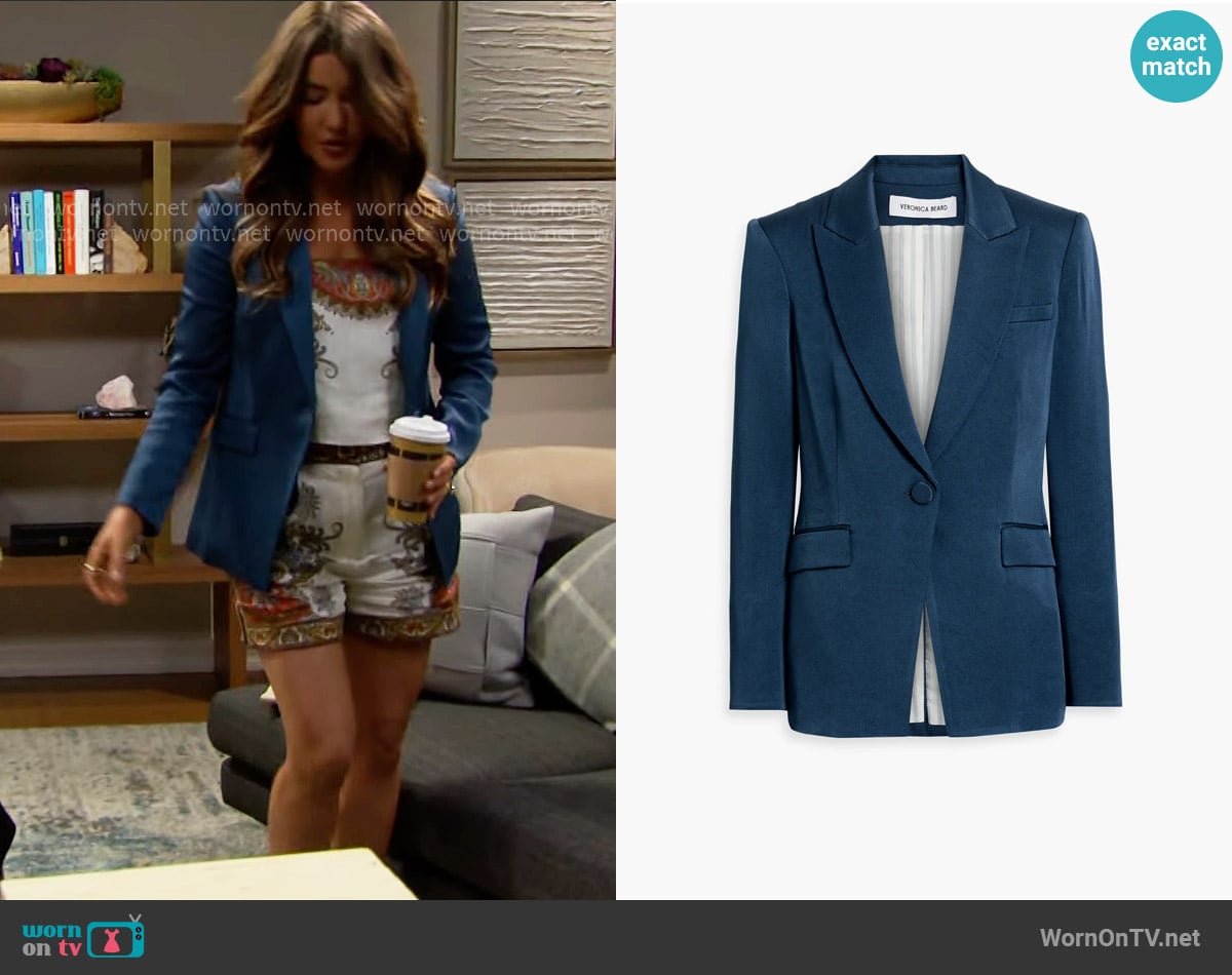 Veronica Beard Long and Lean Dickey satin-crepe blazer in Storm Blue worn by Steffy Forrester (Jacqueline MacInnes Wood) on The Bold and the Beautiful
