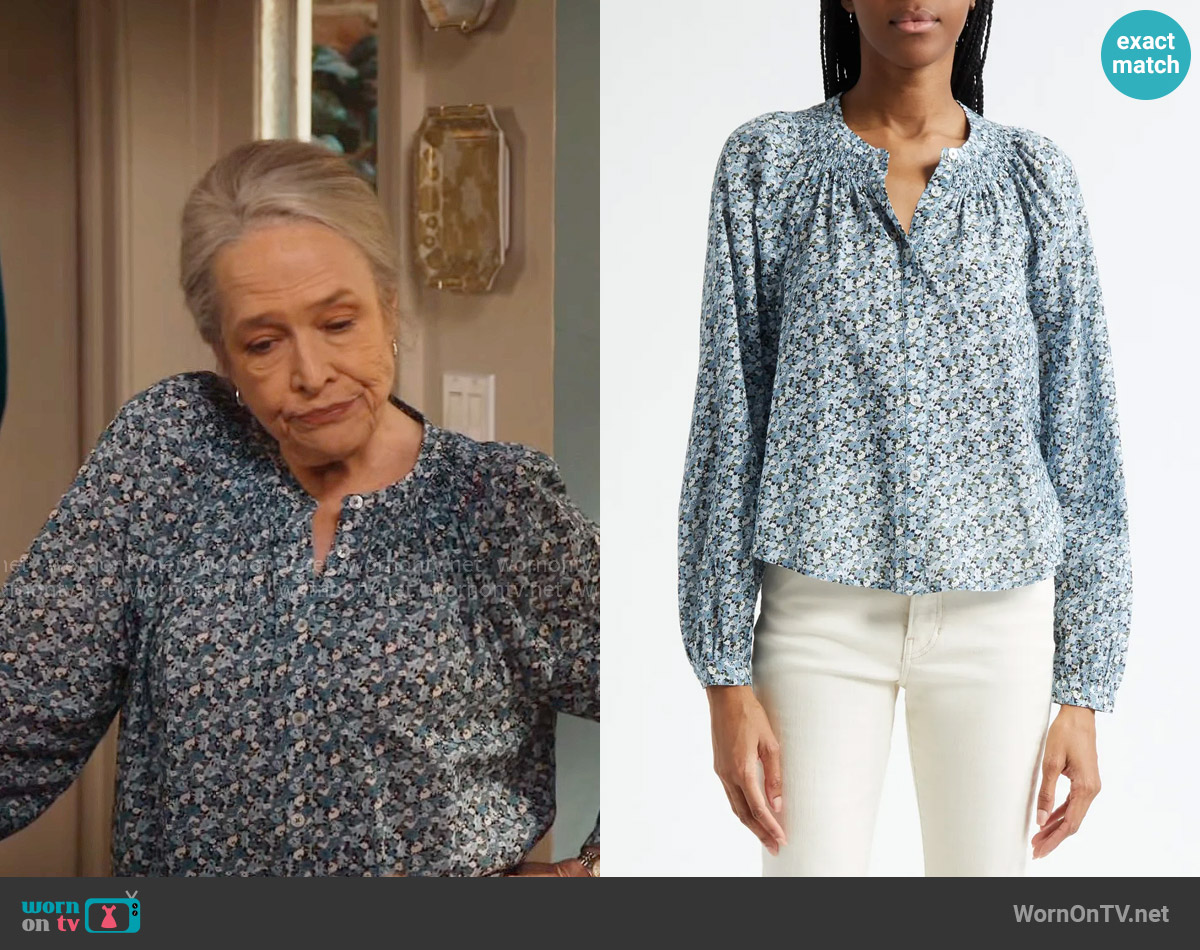 Veronica Beard Madge Blouse in Lake Mist Multi worn by Madeline Matlock (Kathy Bates) on Matlock