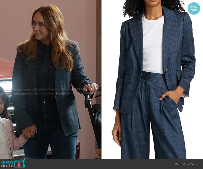 Veronica Beard Obie Pinstripe Linen Blend Dickey Jacket in Blue Dove worn by Maddie Kendall (Jennifer Love Hewitt) on 9-1-1