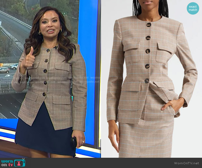 Veronica Beard Orrin Windowpane Plaid Collarless Jacket in Hazelnut Multi worn by Adelle Caballero on Today
