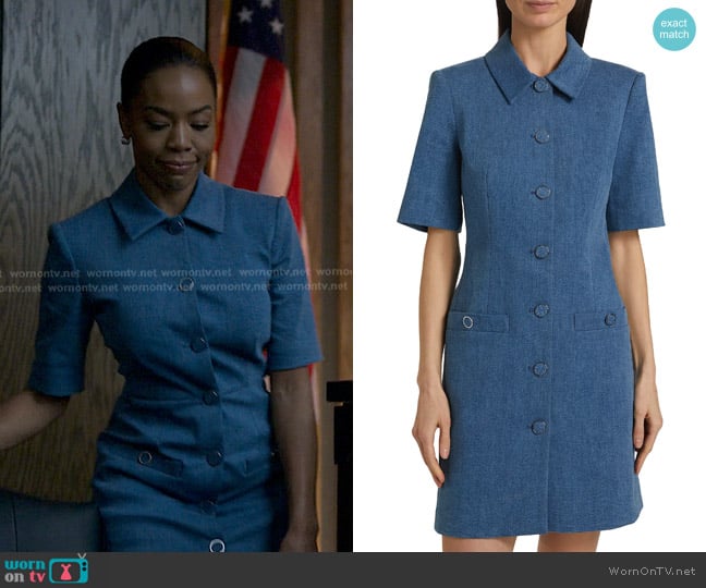 Veronica Beard Paige Mini Shirtdress in Sea Glare worn by Monica Wilson (Brandee Evans) on Reasonable Doubt
