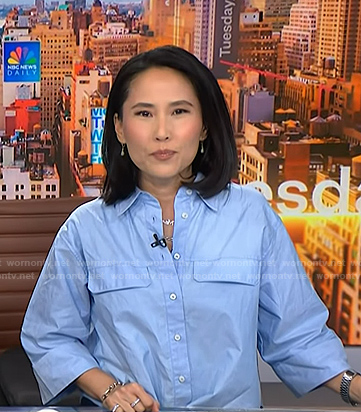 Vicky’s blue cropped button down shirt on NBC News Daily