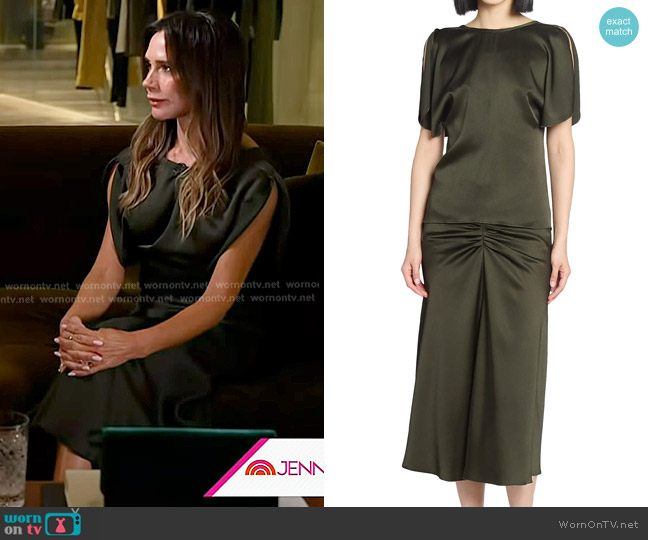 Victoria Beckham Satin Draped-Sleeve Top in Dark Olive worn by Victoria Beckham on Today