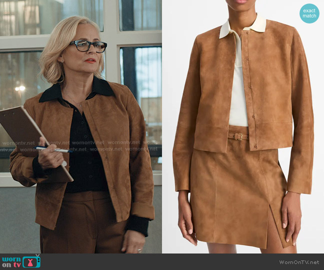 Vince Crop Suede Jacket in Camarillo worn by Laurel Hammond-Muntz (Amy Sedaris) on Elsbeth