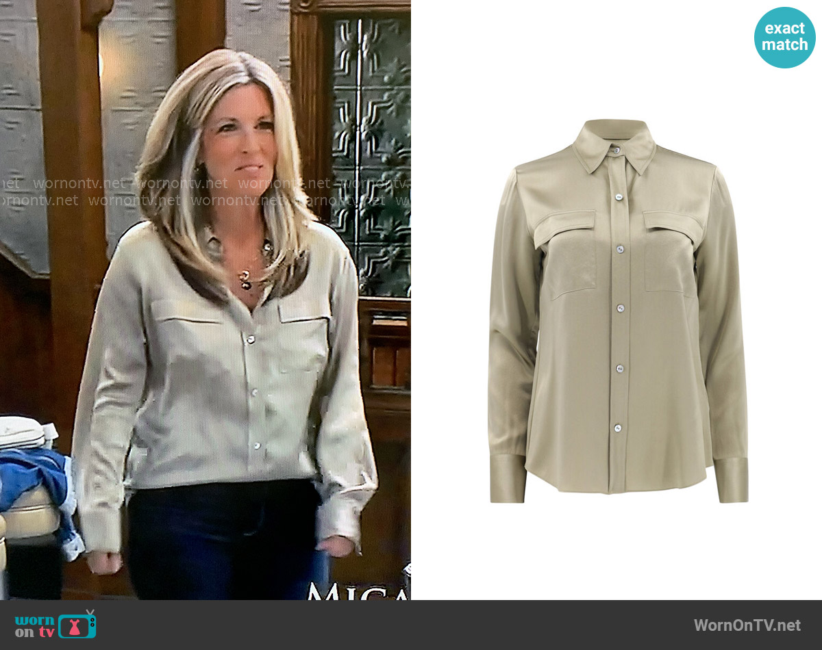 Vince Silk Chest-Pocket Long-Sleeve Blouse worn by Carly Spencer (Laura Wright) on General Hospital