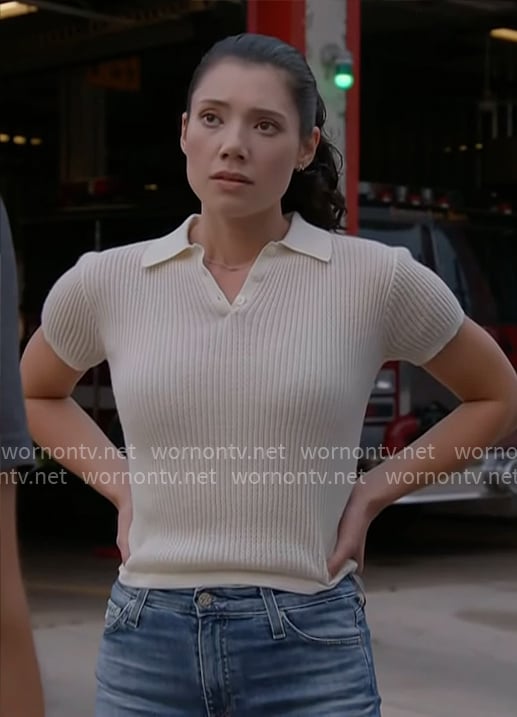 Violet’s cream knit polo top on Chicago Fire
