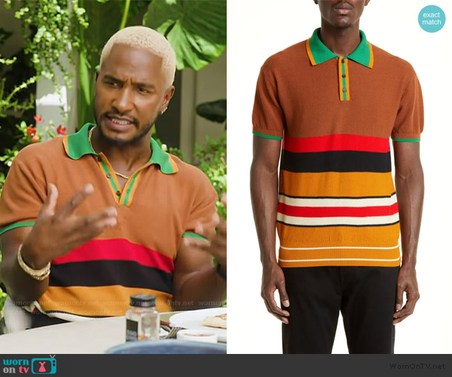 Wales Bonner Slim Fit Stripe Cotton Piqué Polo worn by Scott Evans on Access Hollywood