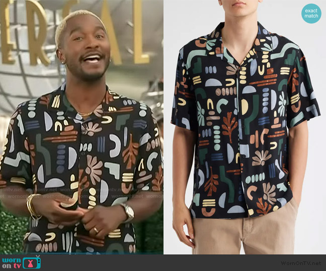 Wax London Didcot Geo Block Print Camp Shirt worn by Scott Evans on Access Hollywood