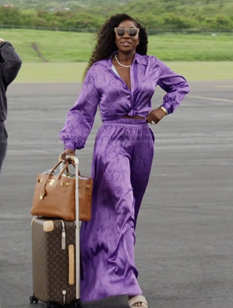 Wendy’s purple satin blouse and pants on The Real Housewives of Potomac