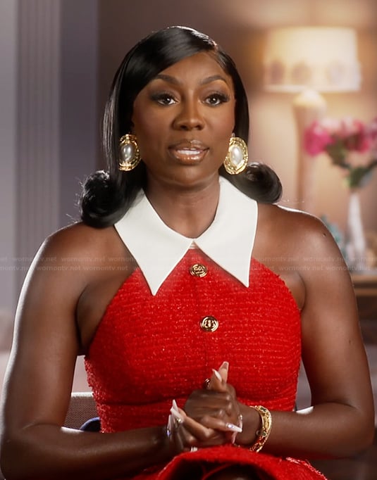 Wendy’s red tweed confessional dress on The Real Housewives of Potomac