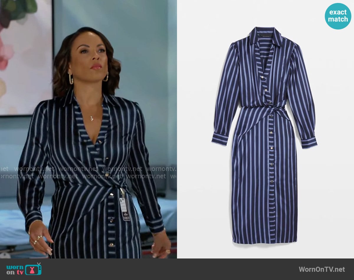 White House Black Market Satin Striped Wrap Dress worn by Nicole Dupree Richardson (Daphnee Duplaix) on Beyond the Gates