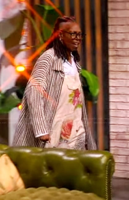 Whoopi’s white rose print overalls on The View