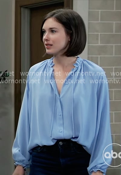 Willow’s blue tie neck blouse on General Hospital
