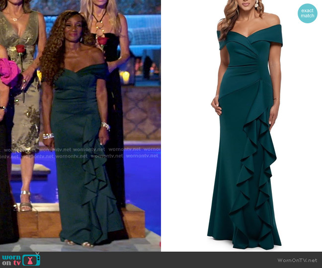 Xscape Long Scuba Off-The-Shoulder Ruffle Dress in Hunter worn by Gerri Flowers on The Golden Bachelor