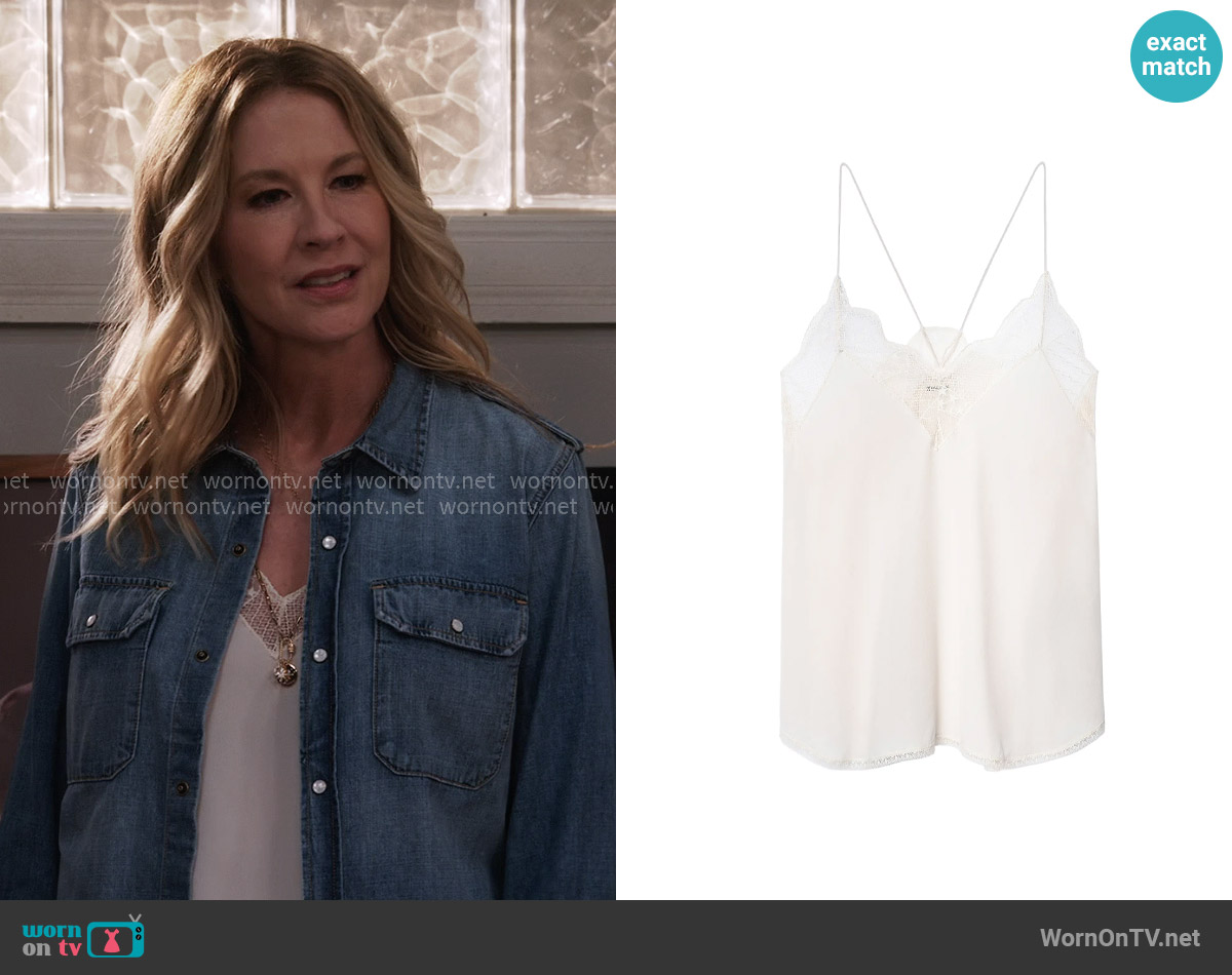 Zadig & Voltaire Christy Lace-Trimmed Silk Tank worn by Eve Drake (Jenna Elfman) on Shifting Gears